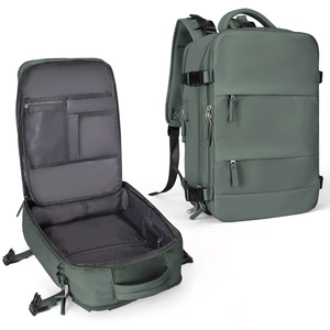 Dual view of travel backpack showing upright green exterior and open interior compartments