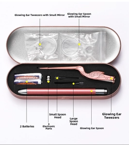 Detail of professional ear care set with LED ear tweezers and soft silicone tips