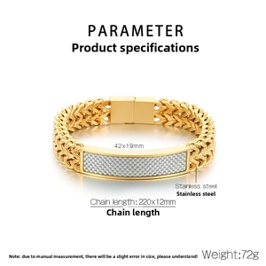 Detail of gold stainless steel bracelet with grid texture plate and size dimensions