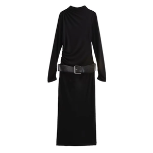 Elegant Long Sleeve Maxi Dress Knit Mock Neck Ruched Side Solid Slim Fit With Crocodile Belt Back Zipper Sexy Formal
