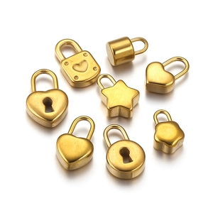 Golden stainless steel DIY charms set with heart lock and key shapes on white background