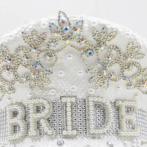White sequin bride captain hat with faux pearls and rhinestone crown for wedding parties
