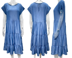 Detailed front, back, and side views of the blue tiered short-sleeve midi dress