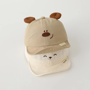 Schnelltrocknende Baby-Baseballmützen mit süßem Stickgesicht und 3D-Ohren in Khaki und Creme