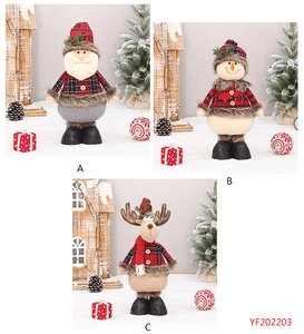 Three-panel detail of Santa, Snowman and Reindeer plush toys in red plaid outfits