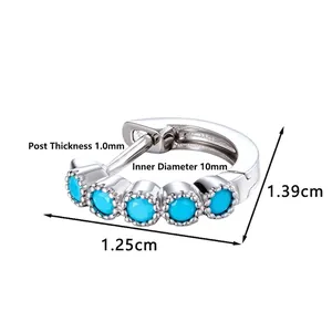 Silver huggie earrings with five turquoise stones, 1.0mm needle, 10mm inner diameter