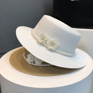 Flat top straw sun hat with pearls and floral decor in white and khaki styles