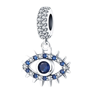 Polished silver Evil Eye pendant with sparkling blue and clear crystals on a white background