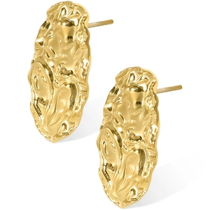 Macro shot of 18k gold plated stainless steel earrings with textured wrinkled surface