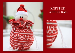 Detailed view of red knitted Christmas gift bag featuring a cute snowman and drawstring