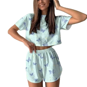 Women's summer two-piece pajama set with butterfly print and eyelet embroidery texture