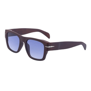 Polarized sunglasses with dark brown wood-grain frame and gradient purple lenses