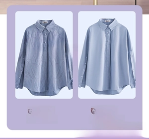Detail showing side-by-side comparison of blue shirt before and after steam ironing