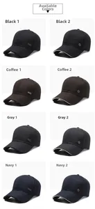 Detail display of men's baseball caps in black, coffee, grey, and navy with metal logos