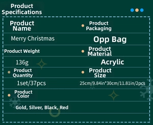 Detailed chart for 37-piece acrylic Merry Christmas wall sticker set with size and specs