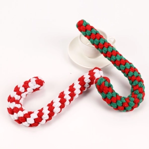 Detail of red-white and green-red cotton rope candy cane pet chew toys for Christmas