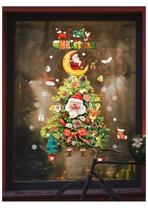 Detailed Christmas tree window decal with Merry Christmas text and festive snow elements
