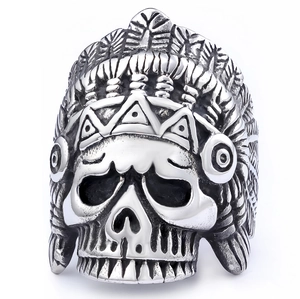 Vintage silver punk Indian chief skull ring for men with detailed feather headdress