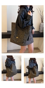 Detailed views of a large leopard print canvas tote bag shown from multiple angles