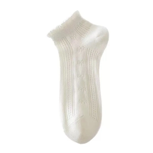 White ballet-style crew socks with lace ruffles, hollow out patterns and breathable mesh