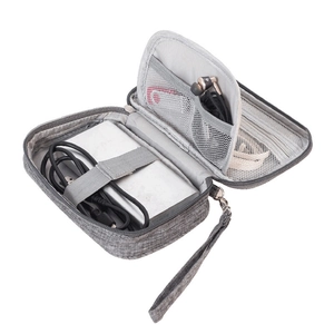 Gray travel electronic organizer bag with handle showing cables and power bank storage