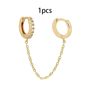 Detail of 1pcs gold linked earrings with twin hoops, fine chain, and white zircon stones
