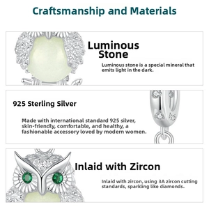 Detail of S925 sterling silver owl charm with luminous stone and green zircon eyes