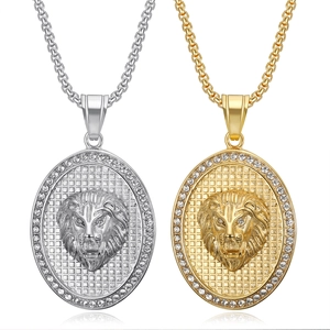 Hip Hop Titanstahl Löwenkopf Anhänger Halskette Für Herren Damen Gold Stahl Strass Oval Iced Out Löwenkopf Halskette Schmuck
