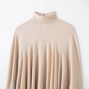Minimalist beige high-neck layered blouse for women with elegant draped pleated design