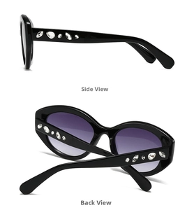 Detailed view of the side and back of black oval sunglasses with rhinestone inlay details