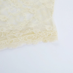 Gros plan détaillé du tissu en dentelle beige avec motifs floraux et bords en cils