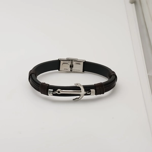 Men's multi-layer black woven silicone bracelet with silver anchor and steel clasp