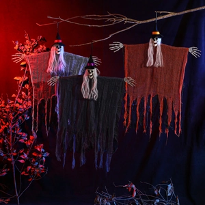 Three glowing Halloween hanging skeleton ghosts with witch hats for haunted house decor