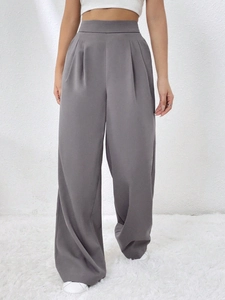Pantaloni grigi a gamba larga a vita alta da donna con elastico in vita e tasche laterali