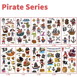 Set of 10 waterproof temporary pirate tattoos for kids featuring ships and treasure maps