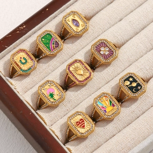 Bague Ouverte Rétro Française Ajustable Acier Inoxydable Plaqué Or 18K Émail Zircon Étoile Lune Cœur Tarot Bijoux Femmes