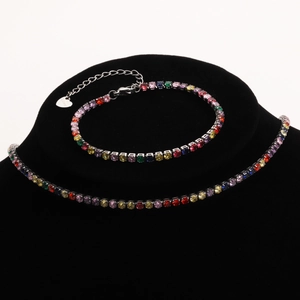 Rainbow tennis chain necklace and bracelet set in stainless steel with colorful zircons