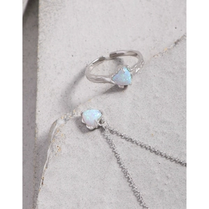 S925 sterling silver heart opal necklace and ring set with textured crumpled surface