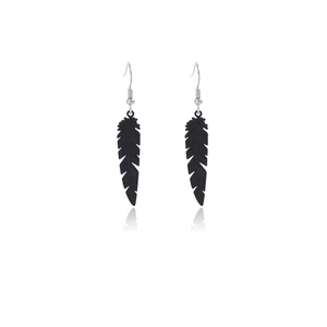 Bohemian black feather tassel drop earrings with vintage ethnic design on white background