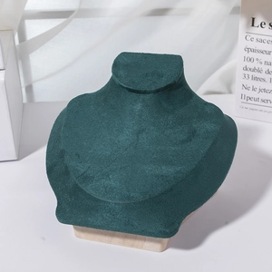 Dark green velvet necklace display stand with solid wood base for jewelry presentation