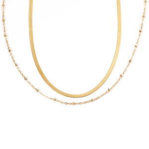 Luxury gold-plated double-layer necklace set with flat snake chain and beaded link accents