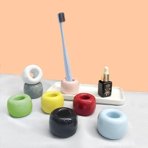 Ceramic Toothbrush Holder Donut Shape Mini Desktop Storage Stand Colorful Bathroom Accessories No Drill Organizing