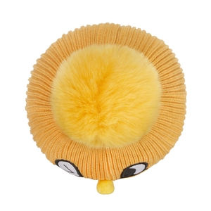 Winter warm knitted baby hat with yellow faux fur trim and cute cartoon eye design
