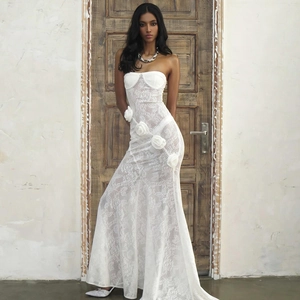 Strapless Lace Maxi Dress Dimensional Floral Sheer Perspective Bodycon Slim Fit Floor Length Elegant Evening Gown