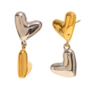 Two-tone 18K gold and silver heart-shaped drop earrings in polished 316L stainless steel