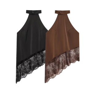 Haut Dos Nu Femme Satin Dentelle Patchwork Ourlet Asymétrique Sans Manches Sexy Coupe Ajustée Fête Couleur Unie Élégant