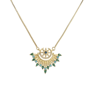 Gold star and moon fan pendant necklace with turquoise and green gemstones
