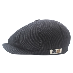 Mens striped beret flat cap with black and white stripes and side decorative label