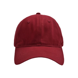 Detailed front view of a solid dark red six-panel baseball cap with curved brim and eyelets