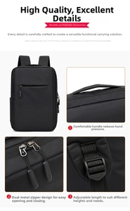 Detail of thickened handle, smooth metal zippers and adjustable shoulder strap buckle